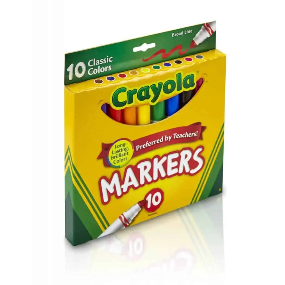 A box of Crayola classic colors markers.