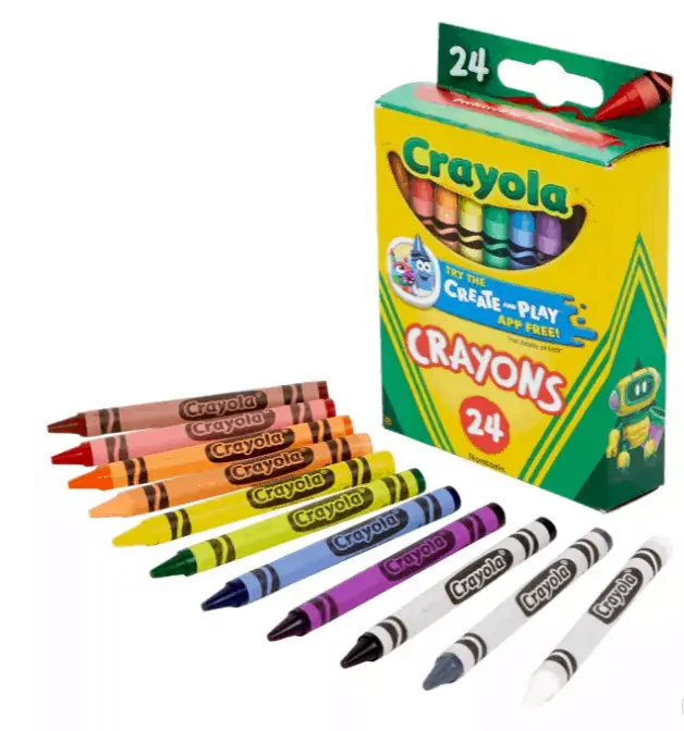 A rainbow color of Crayola crayons laid out in front of the crayon box.