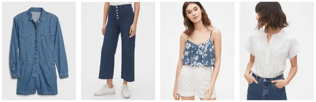 Variety of denim looks from Gap, including pants, shorts, tops, and dresses.