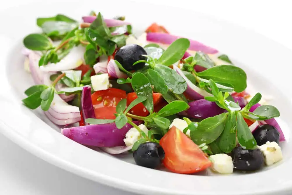 Greek Salad on a white plate with purslane clippings added. 