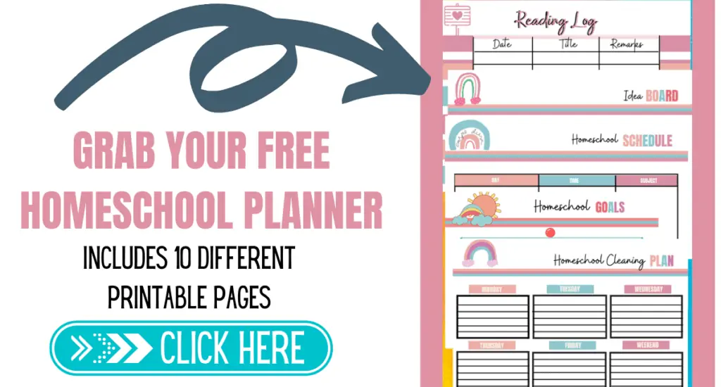 Grab your free homeschool planner, includes 10 different printable pages.