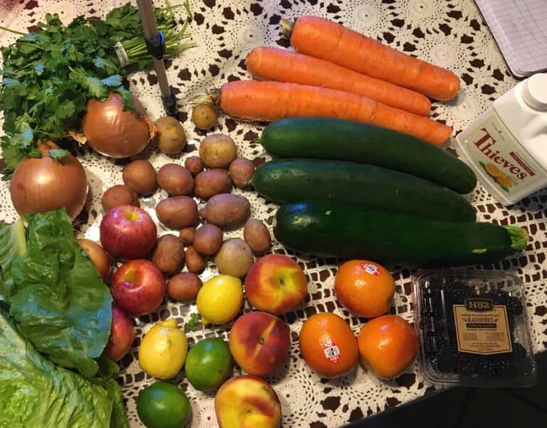 Countertop full of produce.