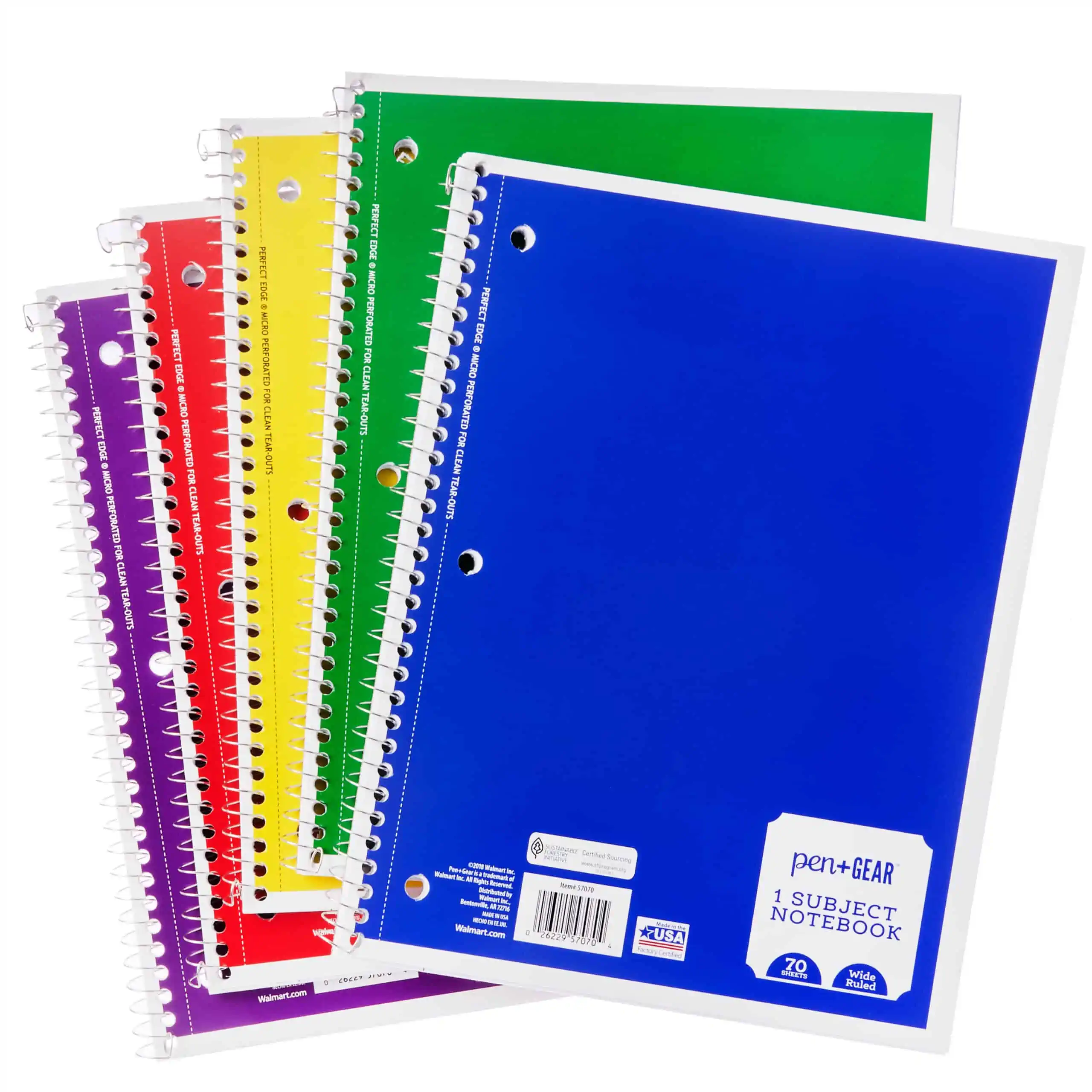 A stack of colorful spiral notebooks, including purple, red, yellow, green, and blue notebooks.