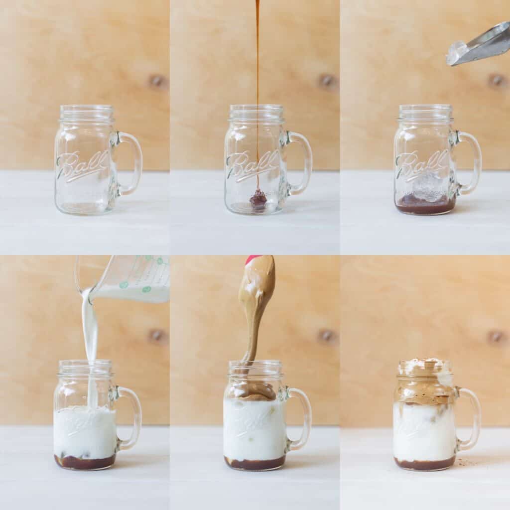 six photos that show each of the steps that it takes to make a Pumpkin Spice Dalgona whipped coffee.