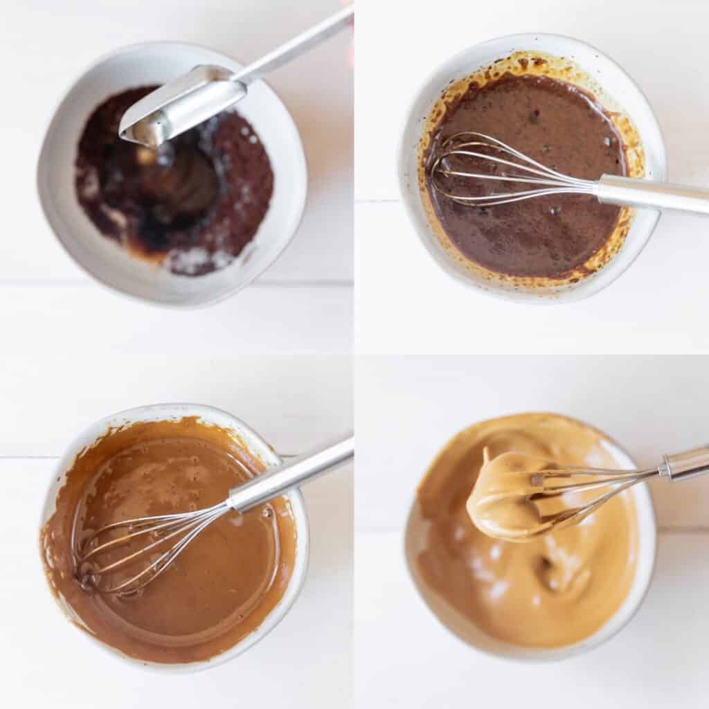 four photos showing how to whip dalgona ingredients into a frothy topping for pumpkin spice dalgona. 