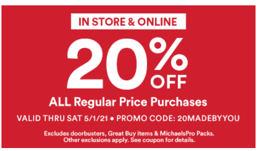 20% off coupon from regular price purchases.