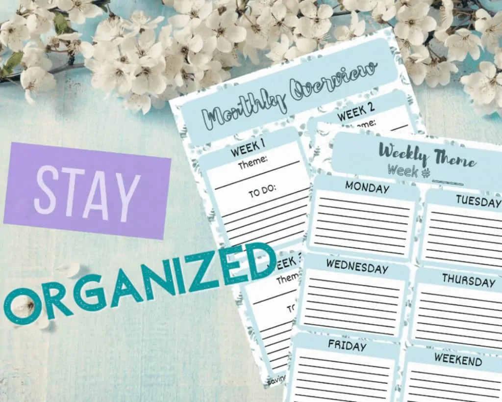 Monthly organization and weekly themes for free homeschool unit study planner.