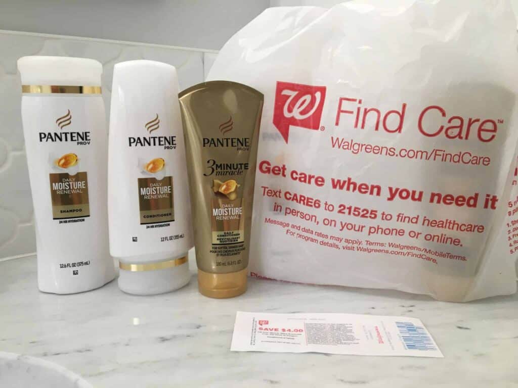 Pantene 3-Step Hair Care System with Walgreens grocery bag.
