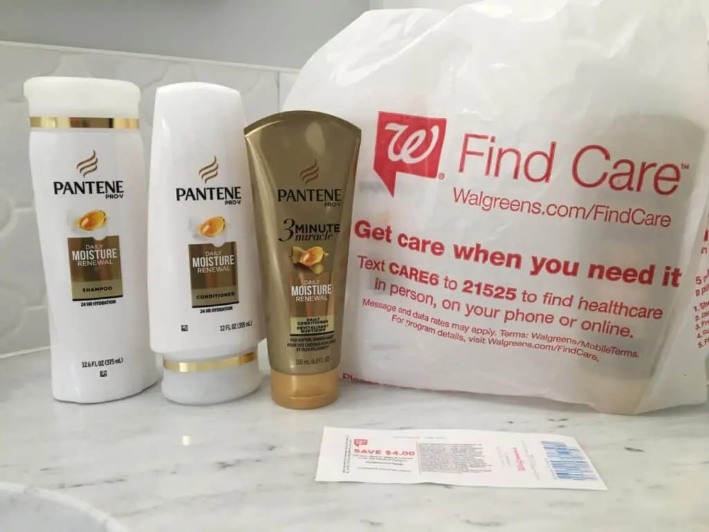 Pantene 3-Step Hair Care System with Walgreens grocery bag.