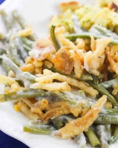 Green bean casserole from scratch with fried onions.