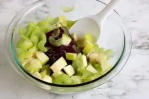 Green apples and celery cut up with cranberries in a bowl to mix up to make a cranberry apple salad.