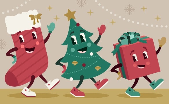 Cartoon Christmas stocking, tree, and present. Each are smiling and waving while walking away.