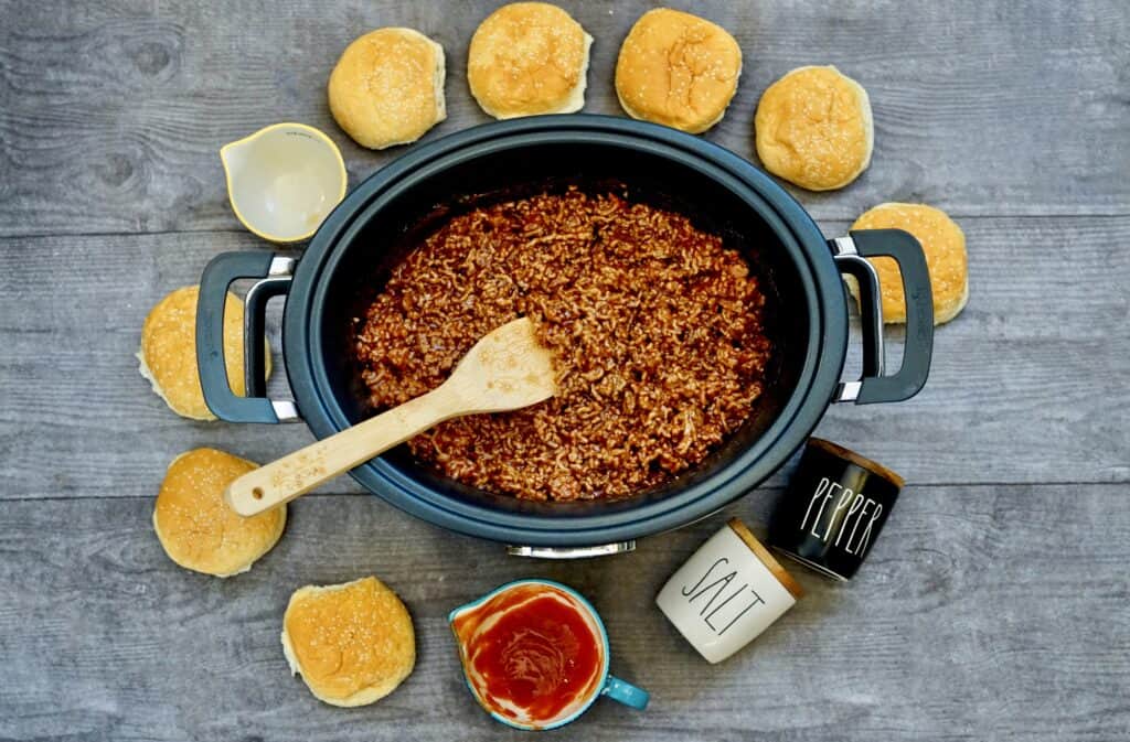 Mix sloppy joe ingredients together and cook on simmer.