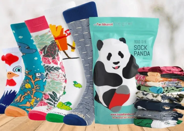 Sock Panda subscription box, including chicken socks, floral socks, and other creative socks.