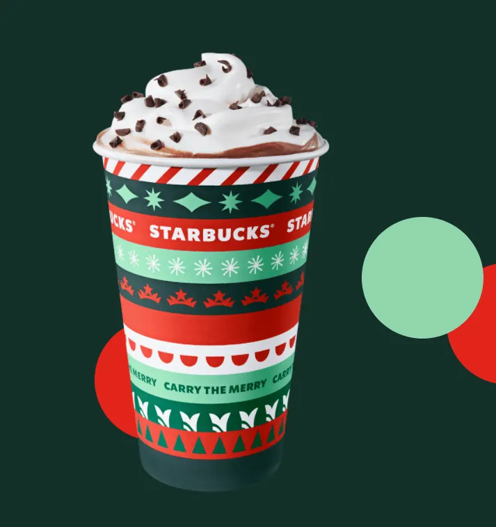 Starbucks coffee Christmas cup with whip cream and shredded chocolate.