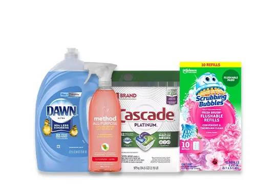 Household cleaning supplies including Dawn, Method, Cascade, and Scrubbing Bubbles.