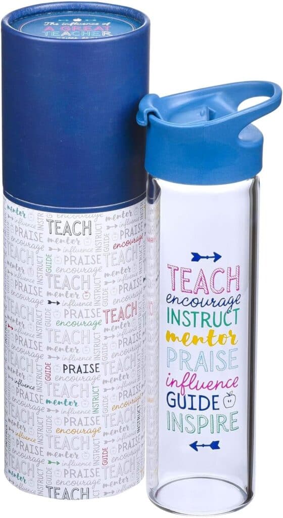 A clear water bottle with a blue lid sits beside its cylindrical packaging, both decorated with motivational words like "teach," "encourage," and "inspire." Perfect for Gift Ideas for Teachers, it blends practicality with appreciation.