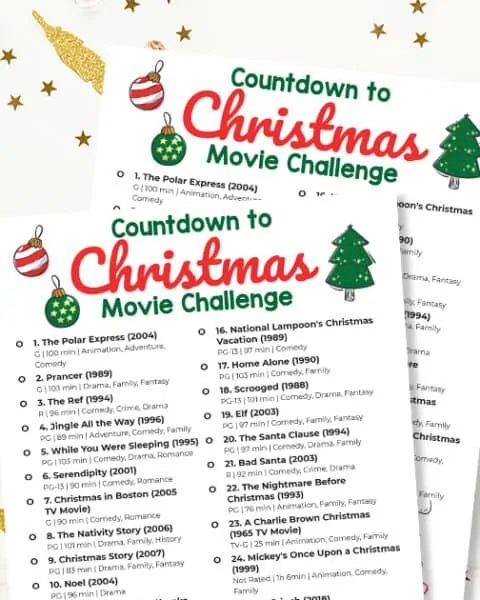 Countdown to Christmas Movie Challenge printable.