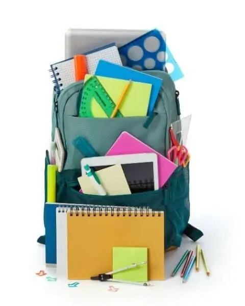 A full school backpack with supplies including paper products and electronics.