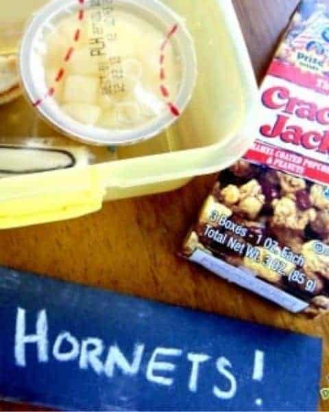 Baseball themed school lunch, including Cracker Jack popcorn and other themed foods.