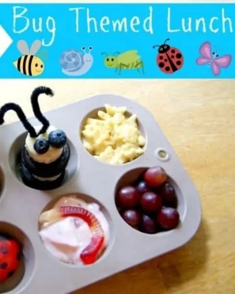 Bug themed lunch with yogurt and gummy worms, grapes, and other decorative foods.
