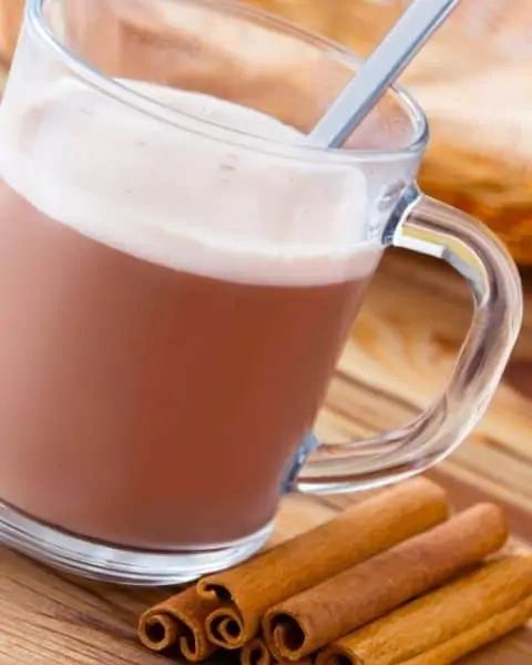 A frothy cup of vanilla chai latte with cinnamon sticks next to the cup.