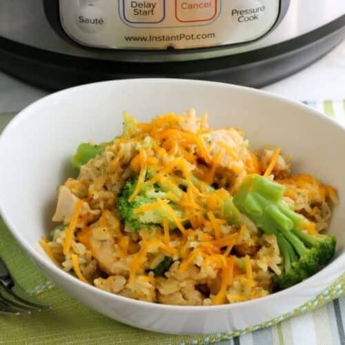 Close up of a bowl of chicken broccoli casserole in front of an instant pot.