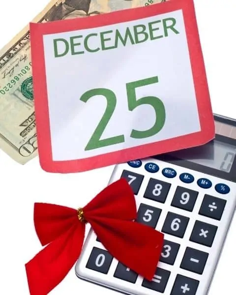 Paper with a sign that reads December 25th with money and a calculator.