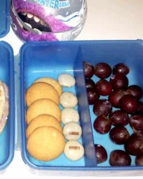 School themed lunch that involves the shape circle, including grapes and cookies.