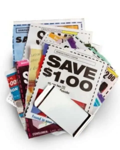 A pile of coupons on basic groceries.