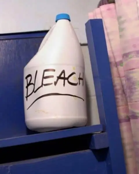 A bottle of bleach on a countertop.