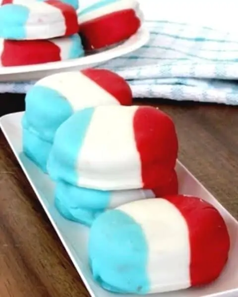 Red, white, and blue dipped Oreo cookies.