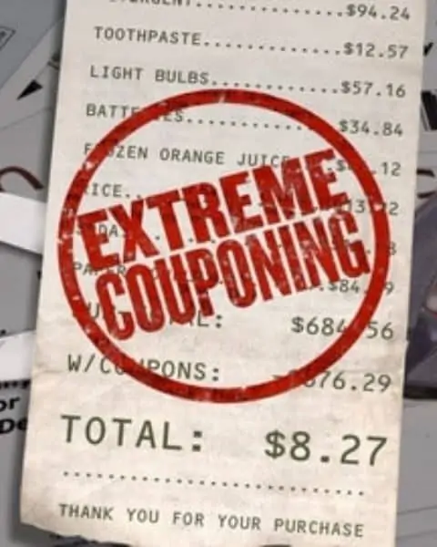 A receipt with prices of items and savings due to coupon with a stamp that reads, "extreme couponing."