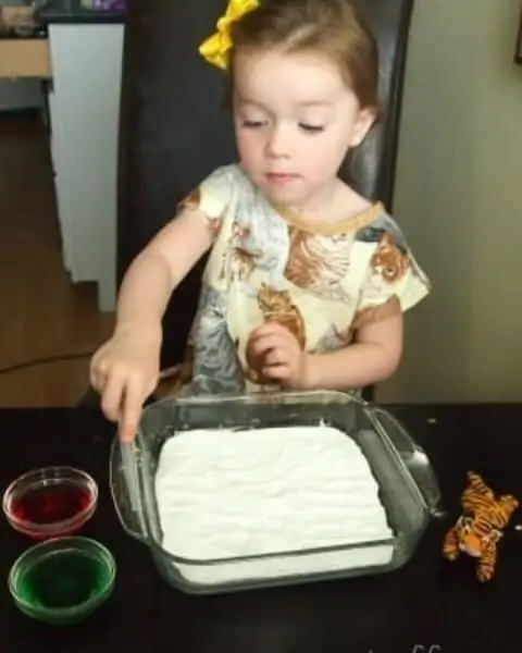 A little girl with a 9x9 dish of baking soda and small bowls of colored water.
