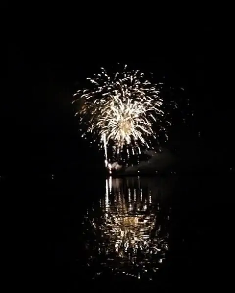 Fireworks going off over the water.