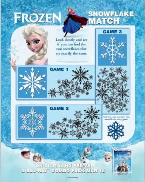 Free Disney Frozen activity snowflake match.