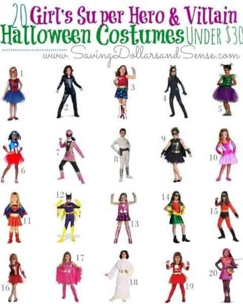 Girls superhero and villain Halloween costumes.