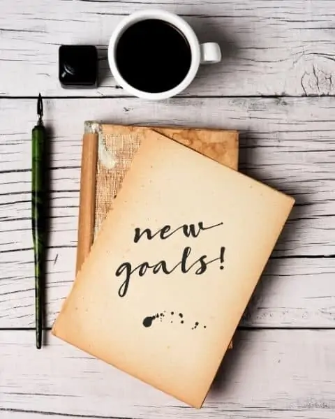 A notebook with the words new goals and a cup of coffee on a wooden table to start the new year fresh.