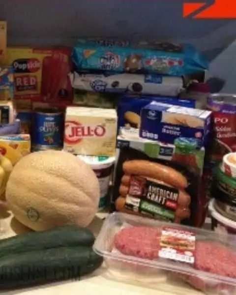 Grocery haul with melon, meats, cookies, and more food on the counter.