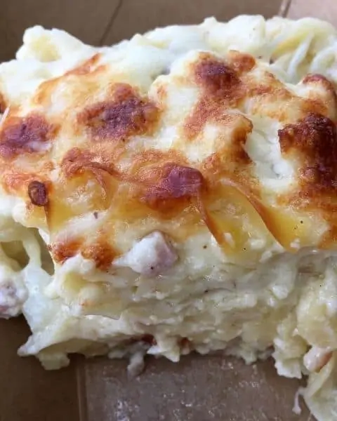 Cheesy ham and potato casserole for breakfast and dinner.