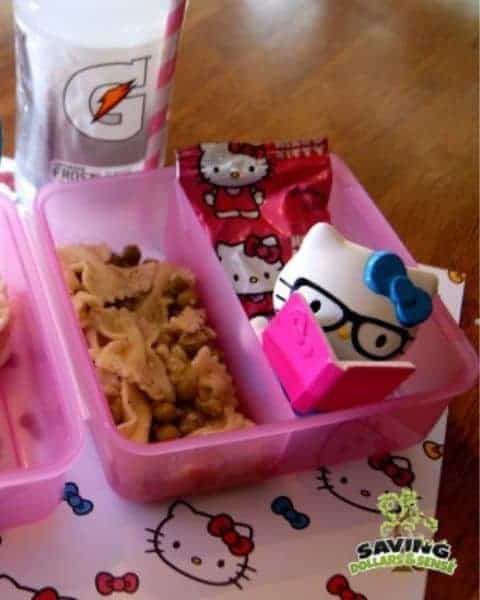 Hello Kitty themed lunch, including Hello Kitty fruit snacks and bow tie pasta.