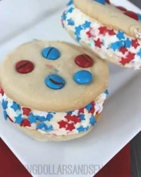 Homemade red, white, and blue ice cream sandwiches.
