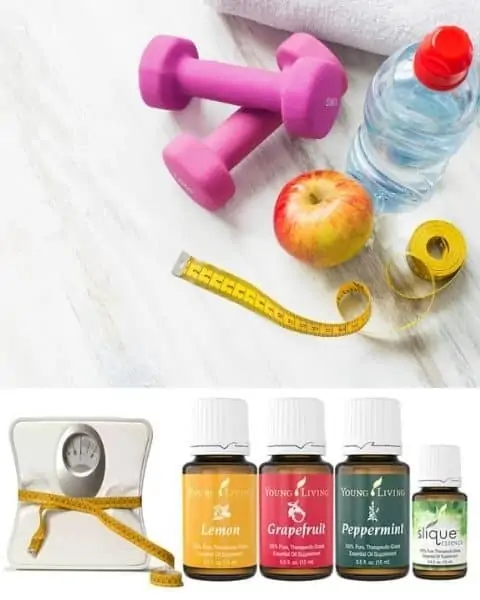 Young Living essential oils with 5 pound weights, water bottle, measuring tape, and an apple.