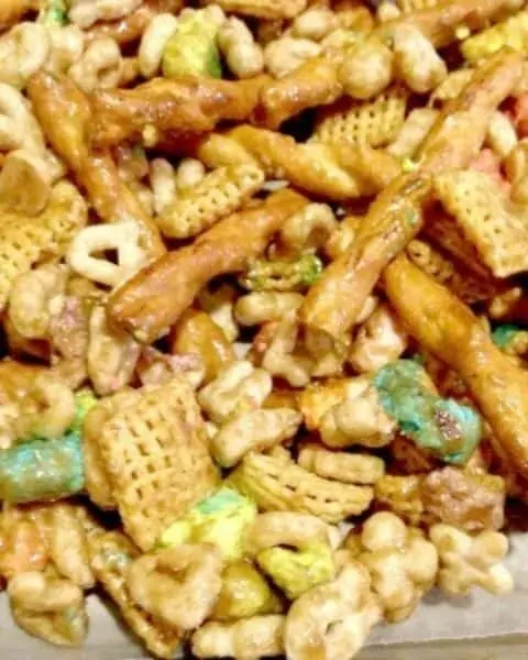 A variety of trail mix with pretzels, wasabi peas, and more.