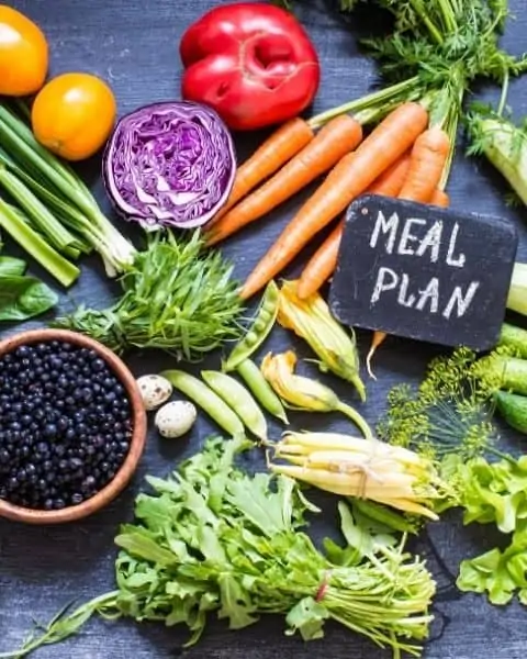 Meal plan sign with fresh produce.