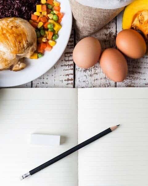 A plate of healthy food next to a blank notebook for healthy meal planning.