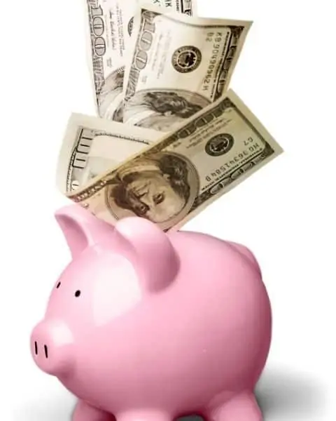 One hundred dollar bills going into a pink piggy bank.
