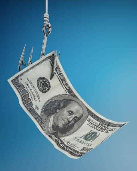 $100 bill on fishing hook.