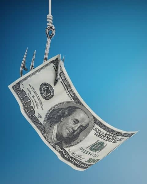 $100 bill on fishing hook.