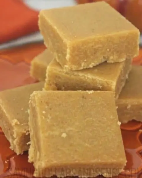 Pumpkin pie fudge stacked on top of each other.
